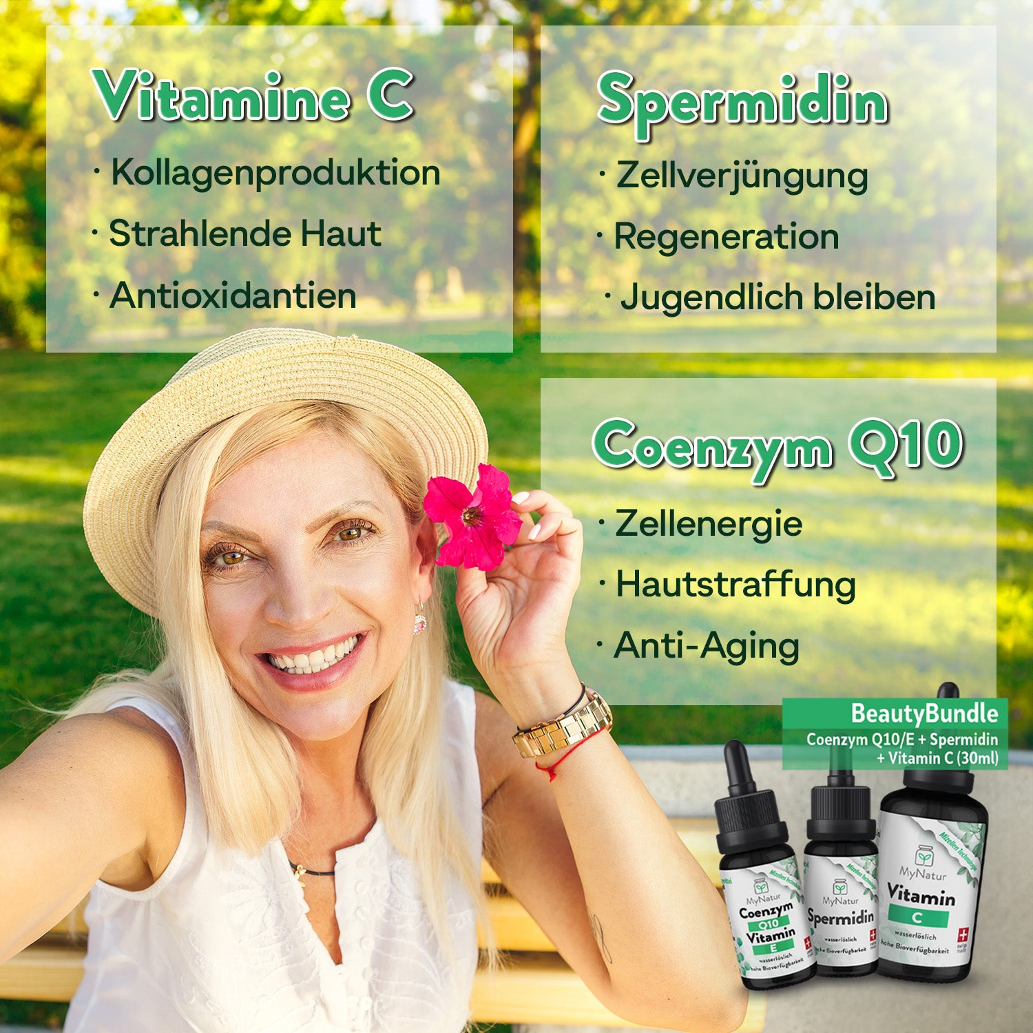 Coenzym Q10 : Zellenergie, Hautstraffung, Anti-Aging, Vitamine C : Kollagenproduktion, Strahlende Haut. Antioxidantien, Spermidin : Zellverjüngung, Regeneration, Jugendlich bleiben