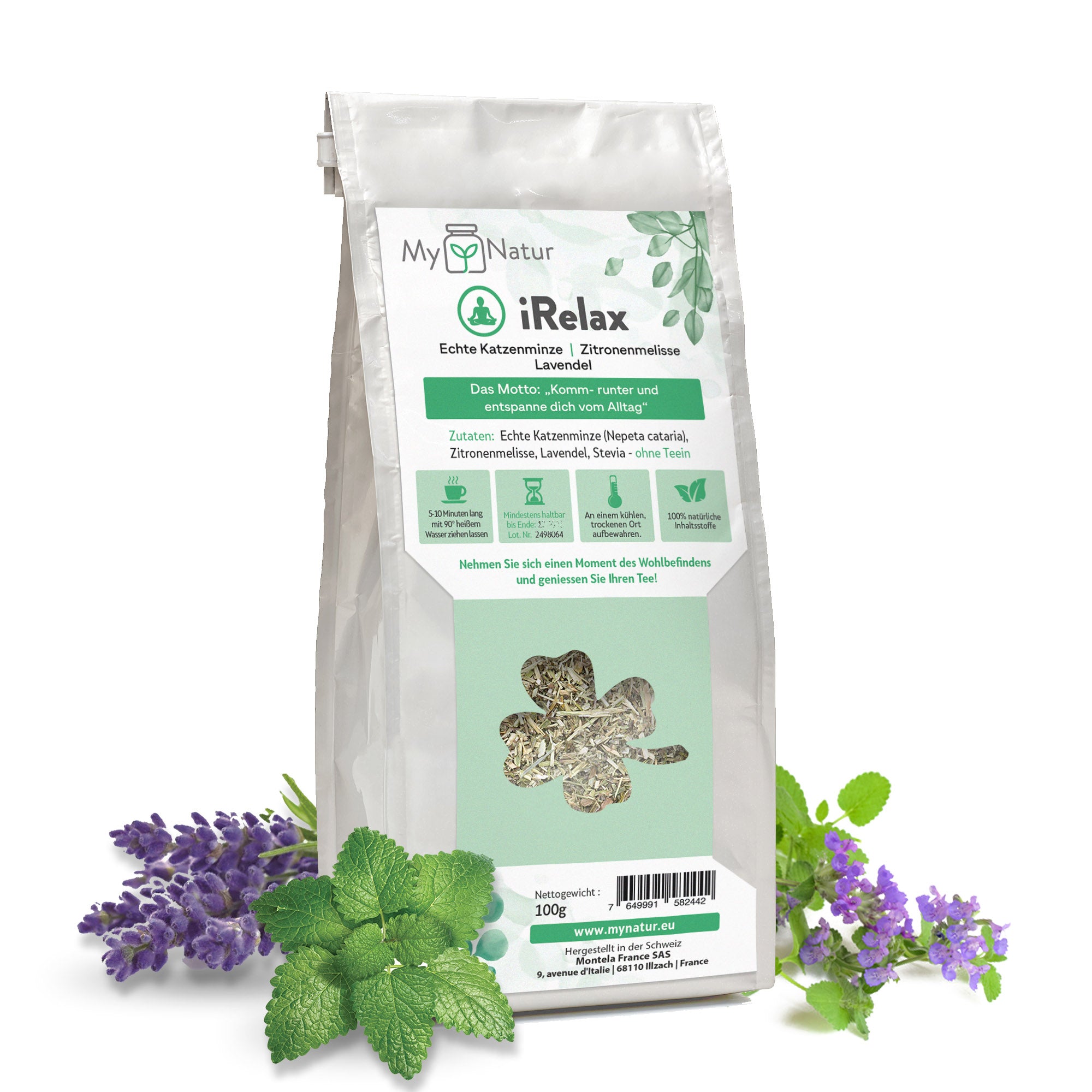 iRelax Tee Mockup MyNatur Echte Katzenminze Zitronenmelisse Lavendel