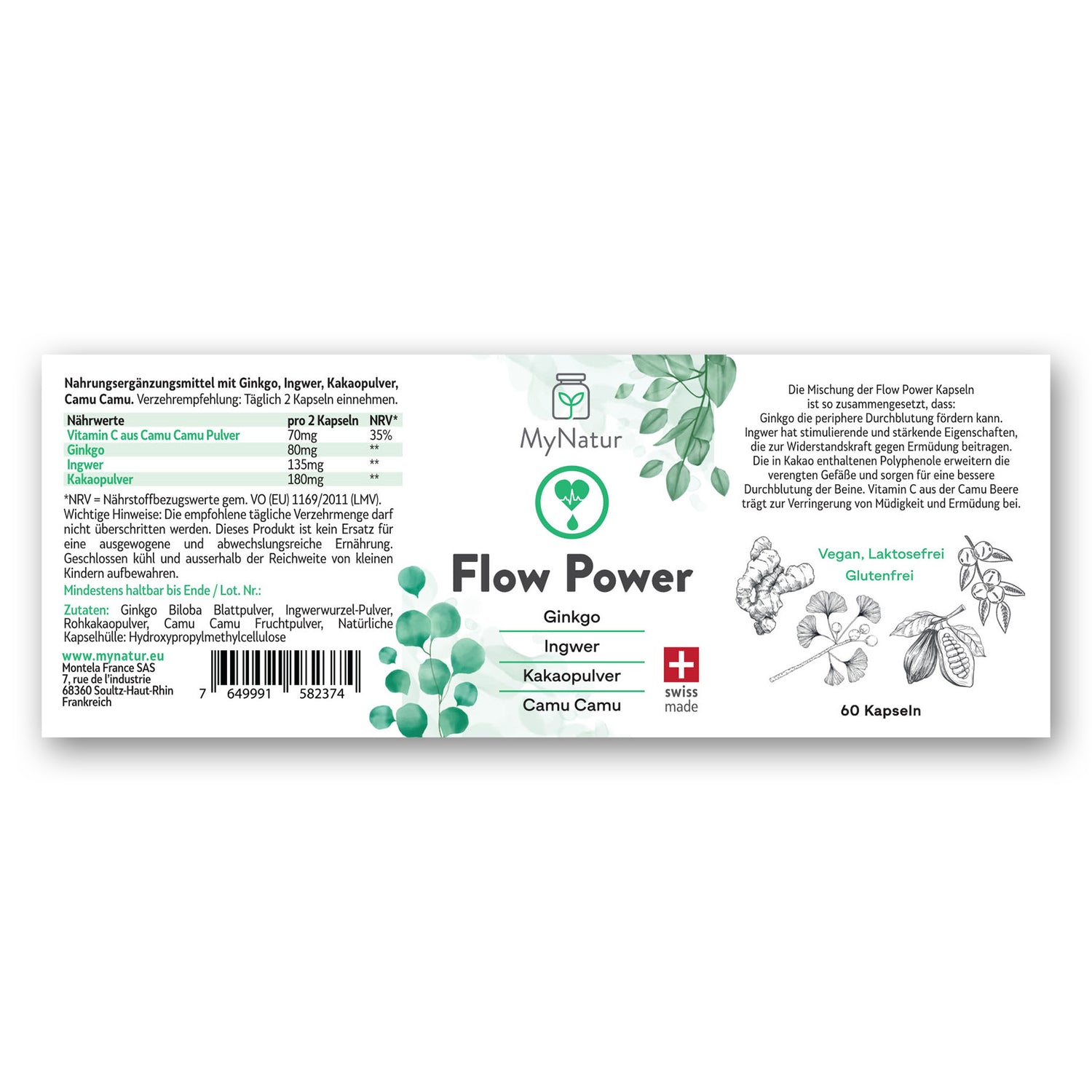 Flow Power Kapseln MyNatur mit Ginkgo Ingwer Kakaopulver Camu Camu Swiss Made