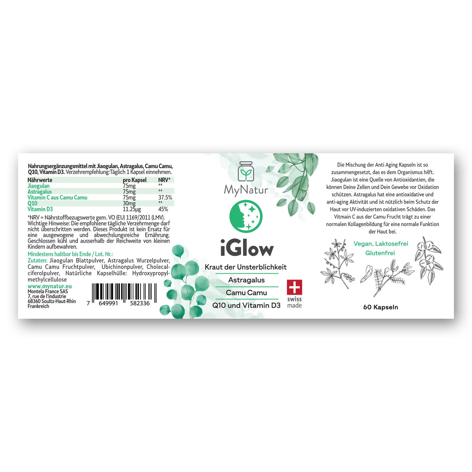iGlow Anti-Aging MyNatur Kapseln Jiaogulan Astragalus Camu Camu Q10 Vitamin D3 Swiss Made