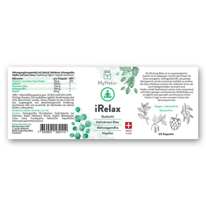 iRelax Kapseln MyNatur mit Guduchi Helmkraut Blau Ashwagandha Hopfen, Swiss Made