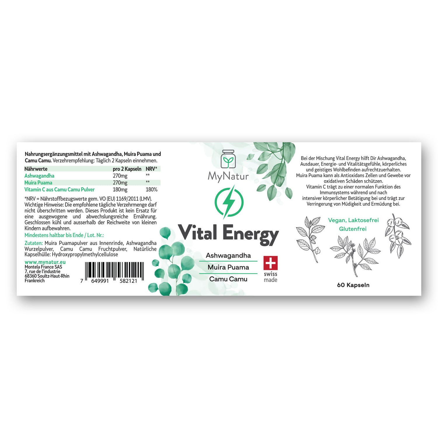Vital Energy Kapseln MyNatur mit Ashwagandha Muira Puama Camu camu, Swiss Made