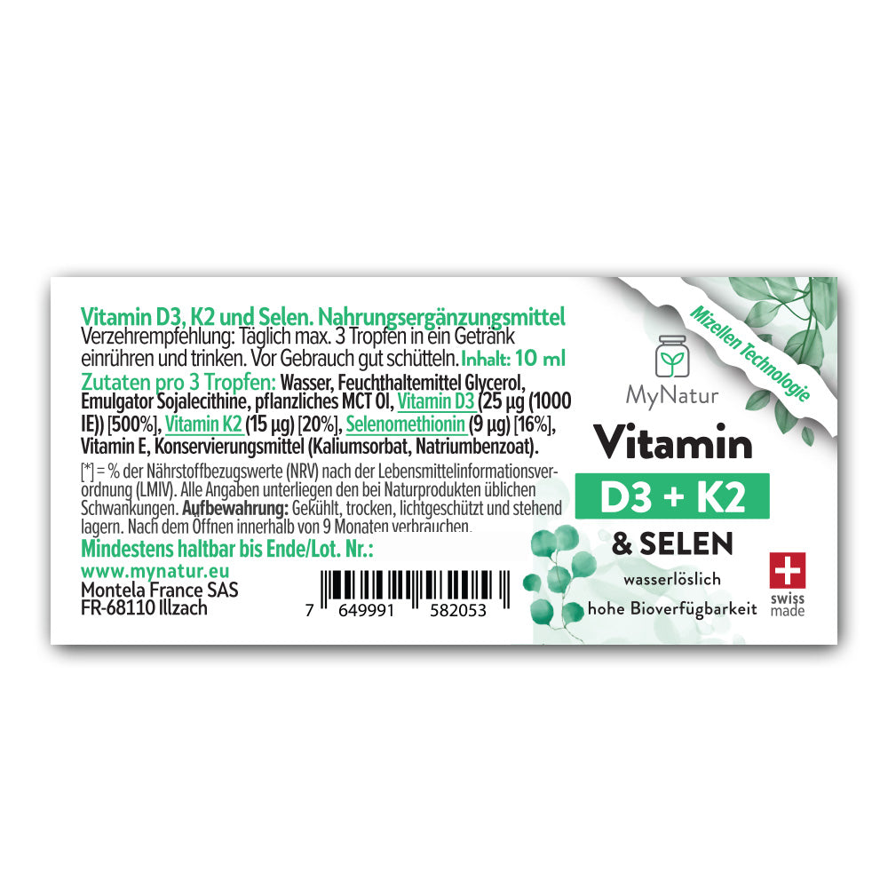 MyNatur Etikett Vitamin D3 + K2 + Selen wasserlöslich, hohe Bioverfügbarkeit