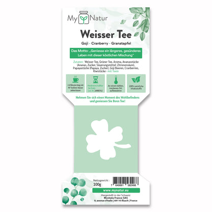 Weisser Tee MyNatur mit Goji Cranberry Granatapfel Weisser Tee Grüner Tee Ananas Papaya Kiwi Etikette