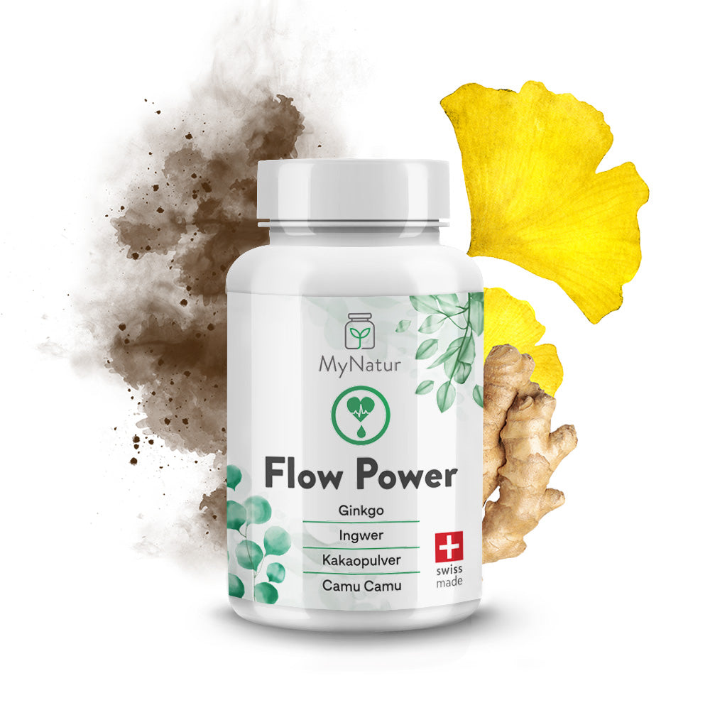 Flow Power Kapseln MyNatur mit Ginkgo Ingwer Kakaopulver Camu Camu Swiss Made